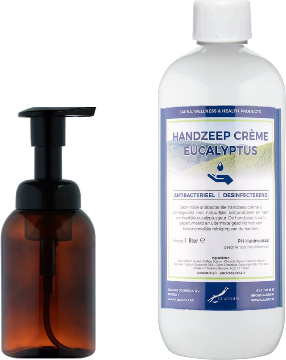 Goedkoopste Zeepdispenser 300 ml amber bruin hervulbaar 1 liter Handzeep Crème Eucalyptus navulling