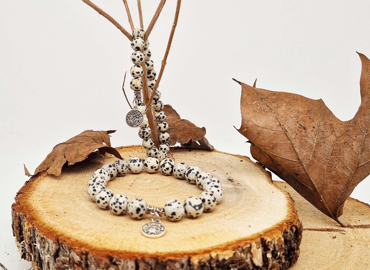 Handgemaakte natuursteen Geluksarmband met hanger "Astrologische Symbolen " Jasper Dalmatin" -8 mm diameter van de korrel- Diameter armband 20 cm - Kies je favoriete Astrologische Symbolen - Een mooi cadeau voor familie en vrienden
