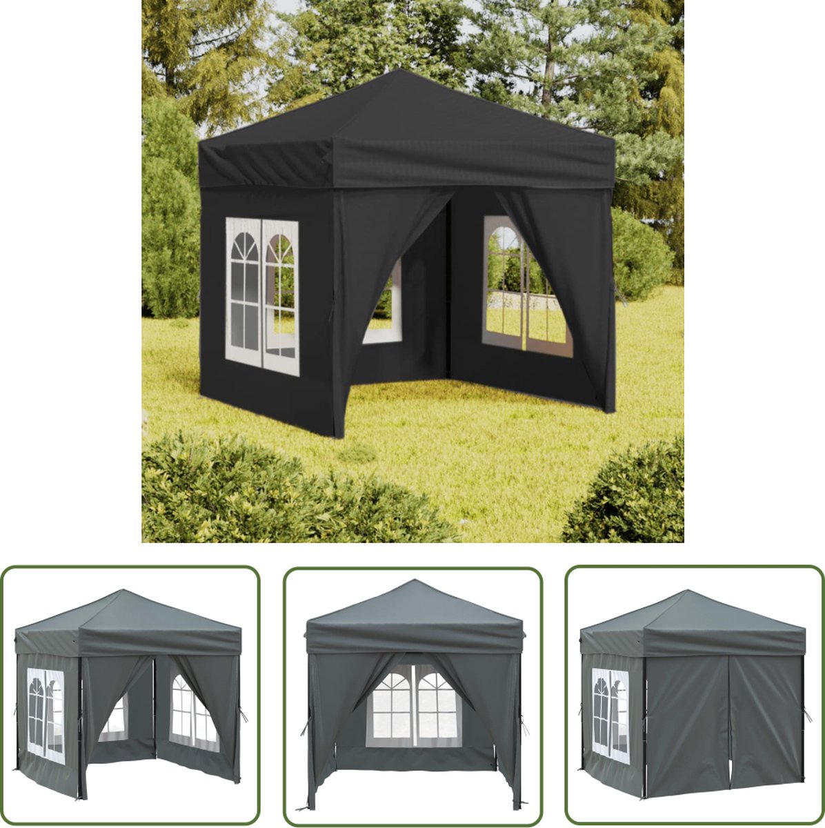 Folding party tent with side walls, 2x2m in anthracite color, ideal for outdoor events and gatherings.