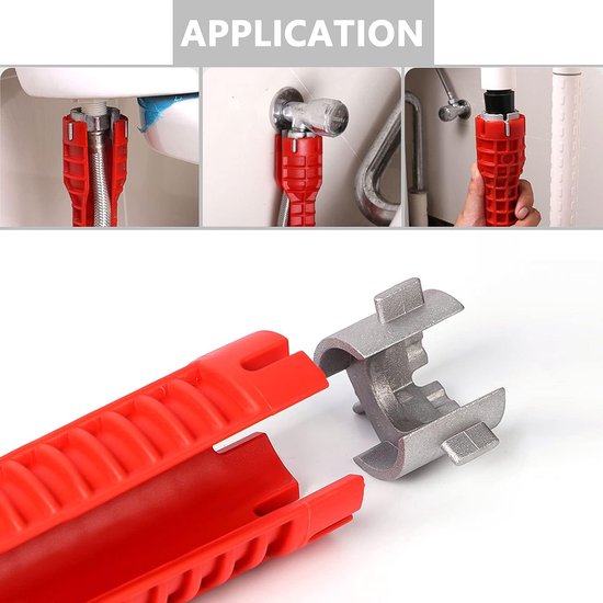 wc bril en kraan moersleutel - multi 5 in 1 tool - kraan gereedschap - kraan sleutel - rood - Dubbele kopsleutel - voor toilet, badkamer, keuken