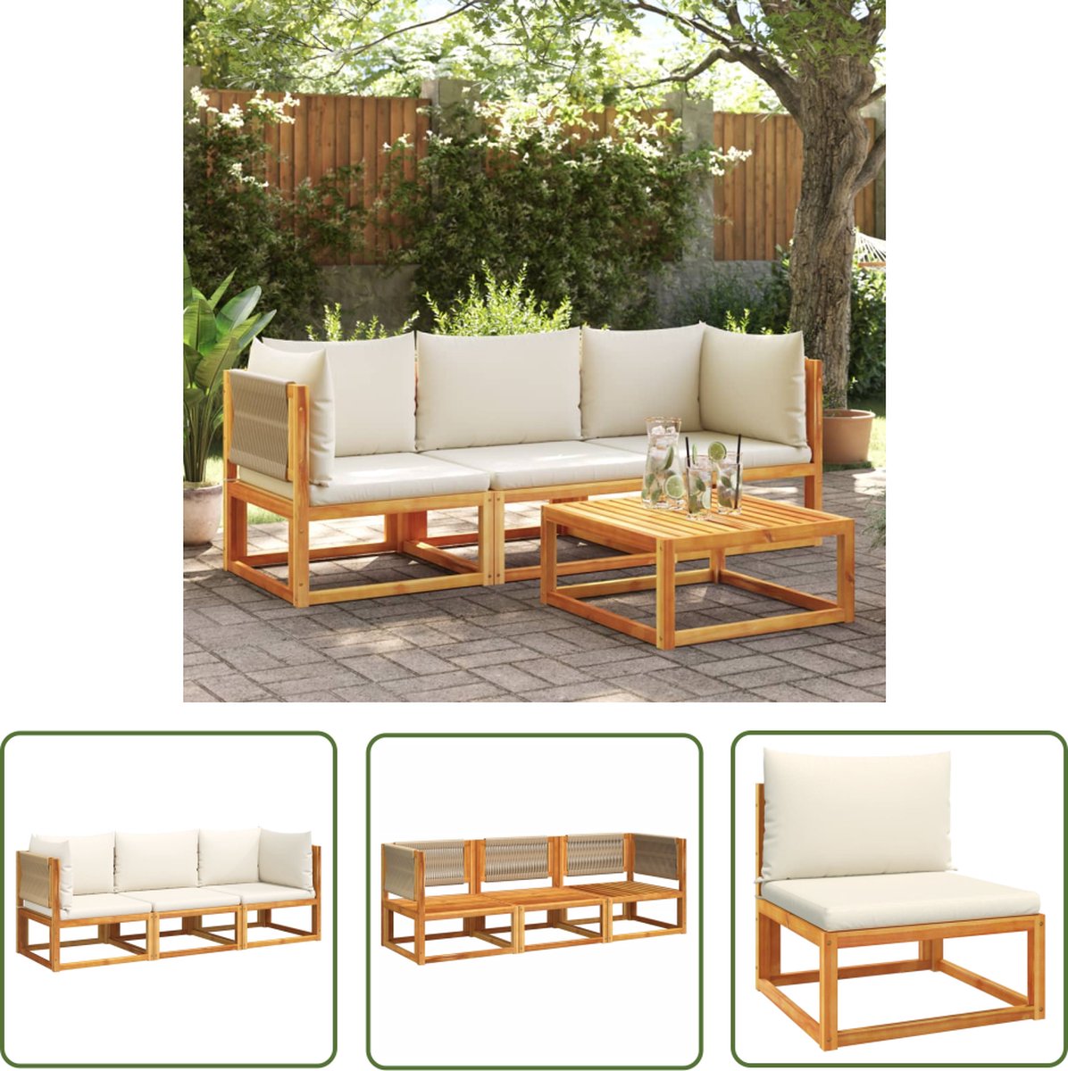 The Living Store Loungeset Acaciahout - Beige - Modulair Design - Comfortabele zitervaring met afneembare kussenhoezen - Droog en duurzaam Loungeset - Tuinset - Acacia Hout - Outdoor Furniture - Balkon Set - Garden Sofa - Lounge Stoel - Loungebank