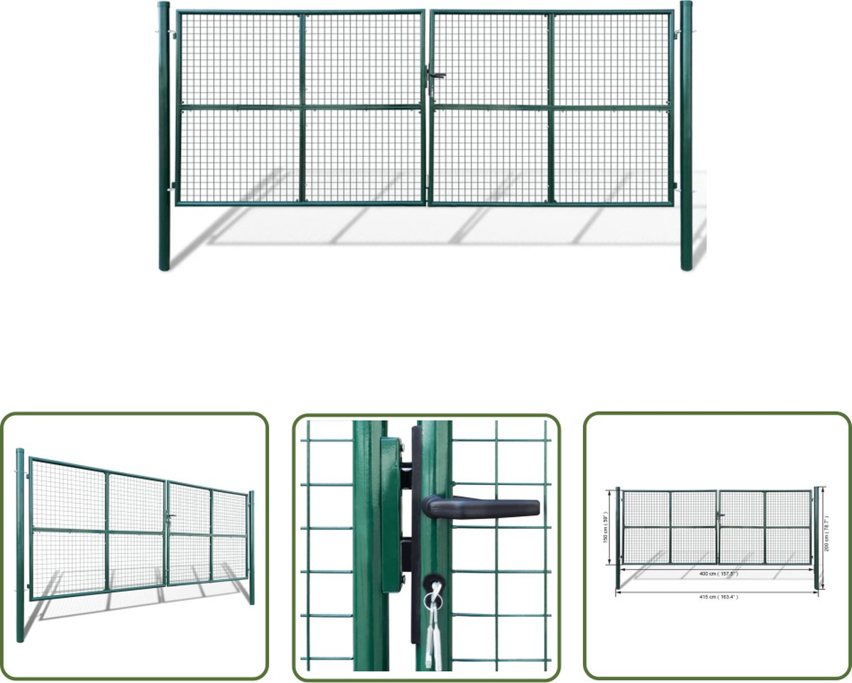 vidaXL Metalen Poort - Tuinpoort - Poort 415x200 cm / 400x150 cm mesh - Staal Poort - Groene Poort - Buitendeur