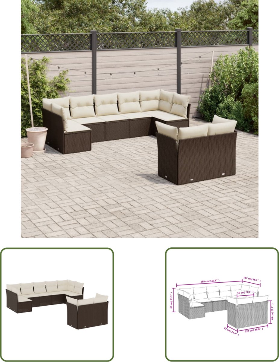 The Living Store 9-delige Loungeset met kussens poly rattan bruin - Loungeset - Tuinset - Loungehoek - Buitendecoratie - Garden Furniture