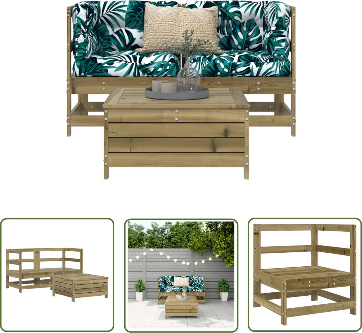 The Living Store 3-delige Loungeset geïmpregneerd grenenhout - Loungeset - Tuinmeubels - Loungehoek - Buitenkamer - Teak