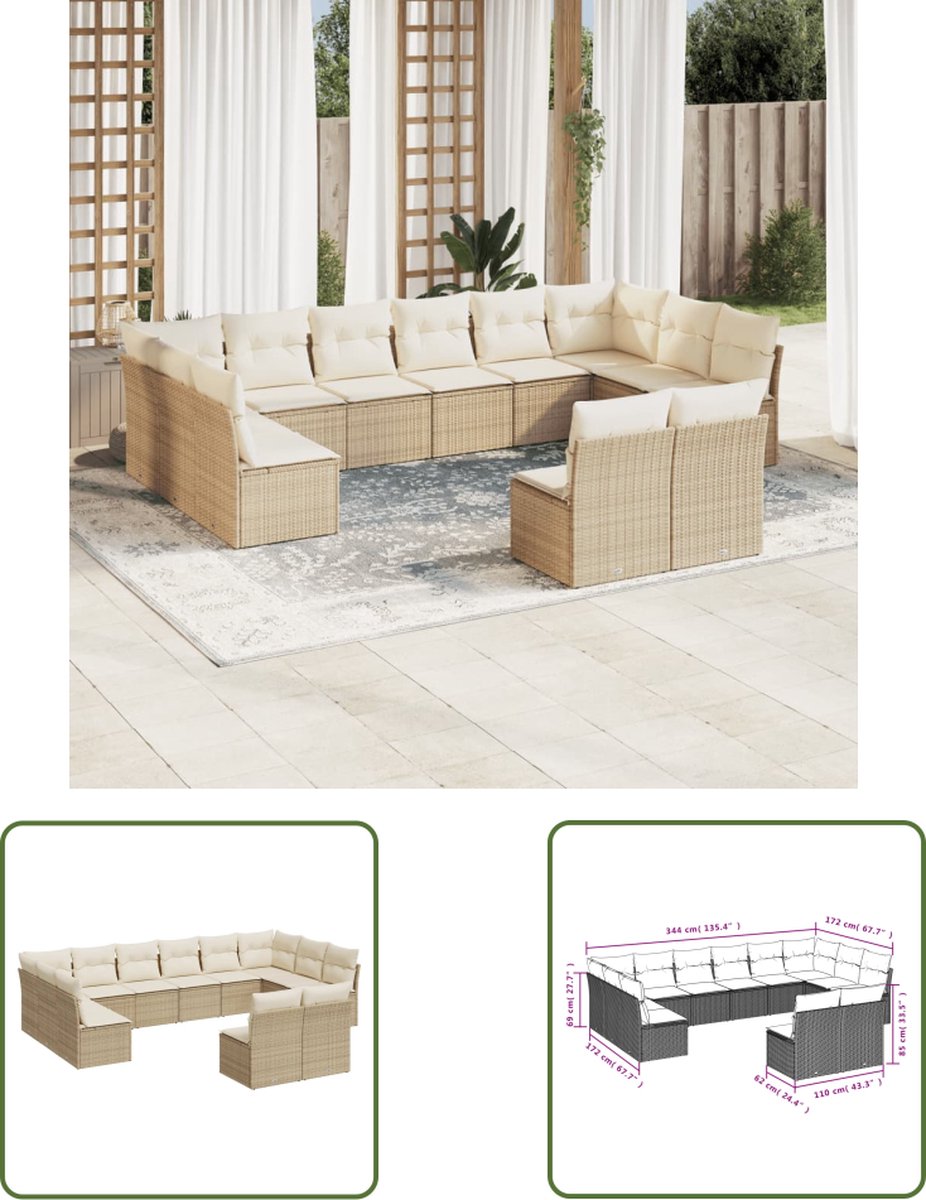 The Living Store 12-delige Loungeset met kussens poly rattan beige - Loungeset - Tuinset - Buitendecoratie - Lounge - Garden Furniture
