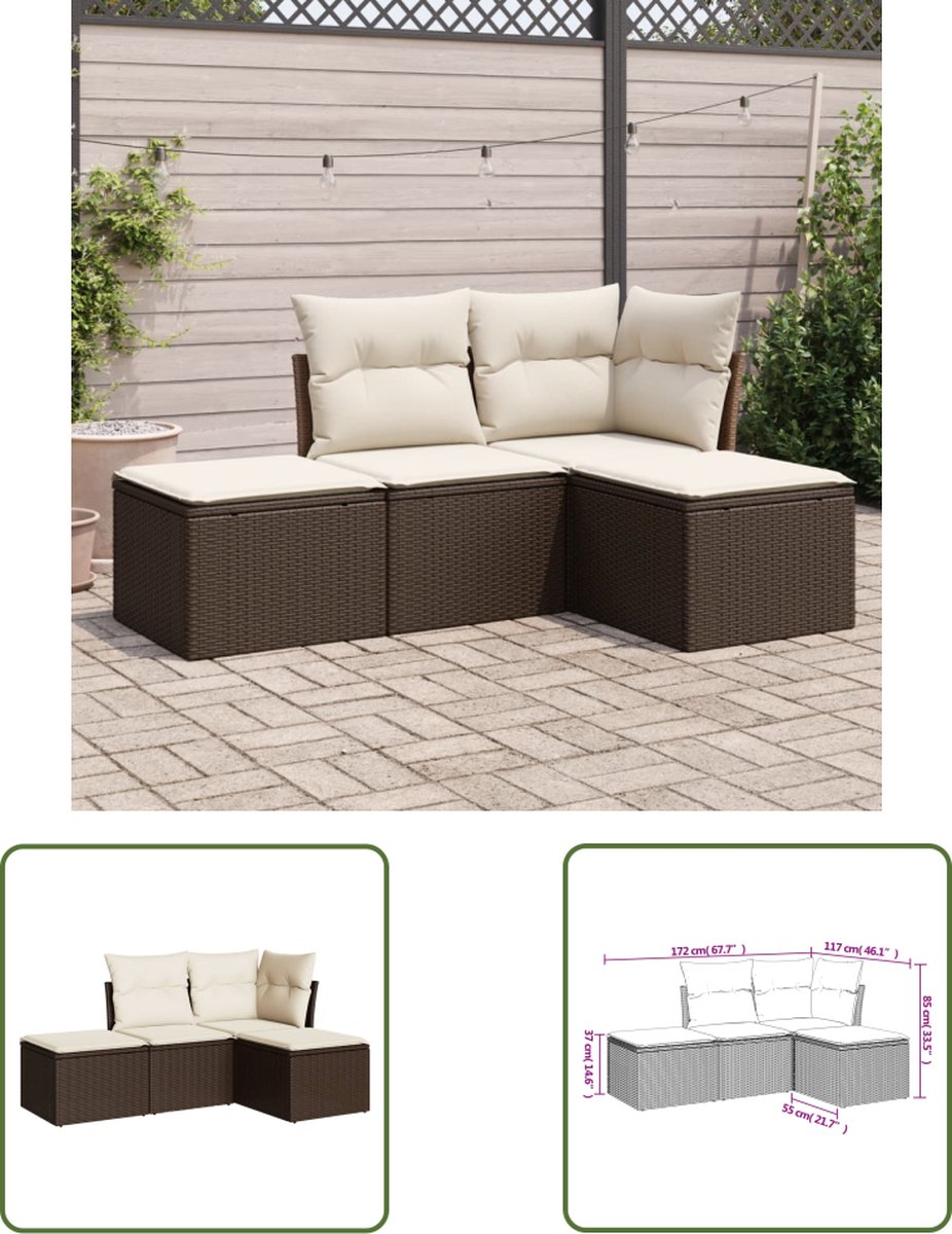 The Living Store 4-delige Loungeset met kussens poly rattan bruin - Loungebank - Tuinmeubels - Lounge Set - Buitentijnen - Relaxen