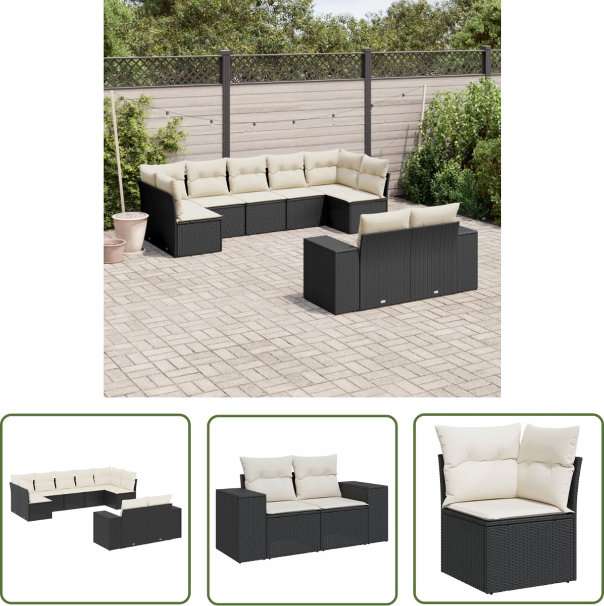 The Living Store 9-delige Loungeset met kussens poly rattan zwart - Loungebank - Tuinset - Lounge Set - Outdoor Furniture - Garden Furniture