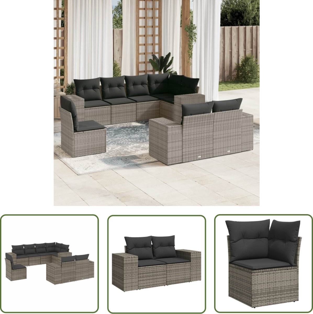 The Living Store 8-delige Loungeset met kussens poly rattan grijs - Loungeset - Tuinset - Lounge - Outdoor Furniture - Tuinmeubels