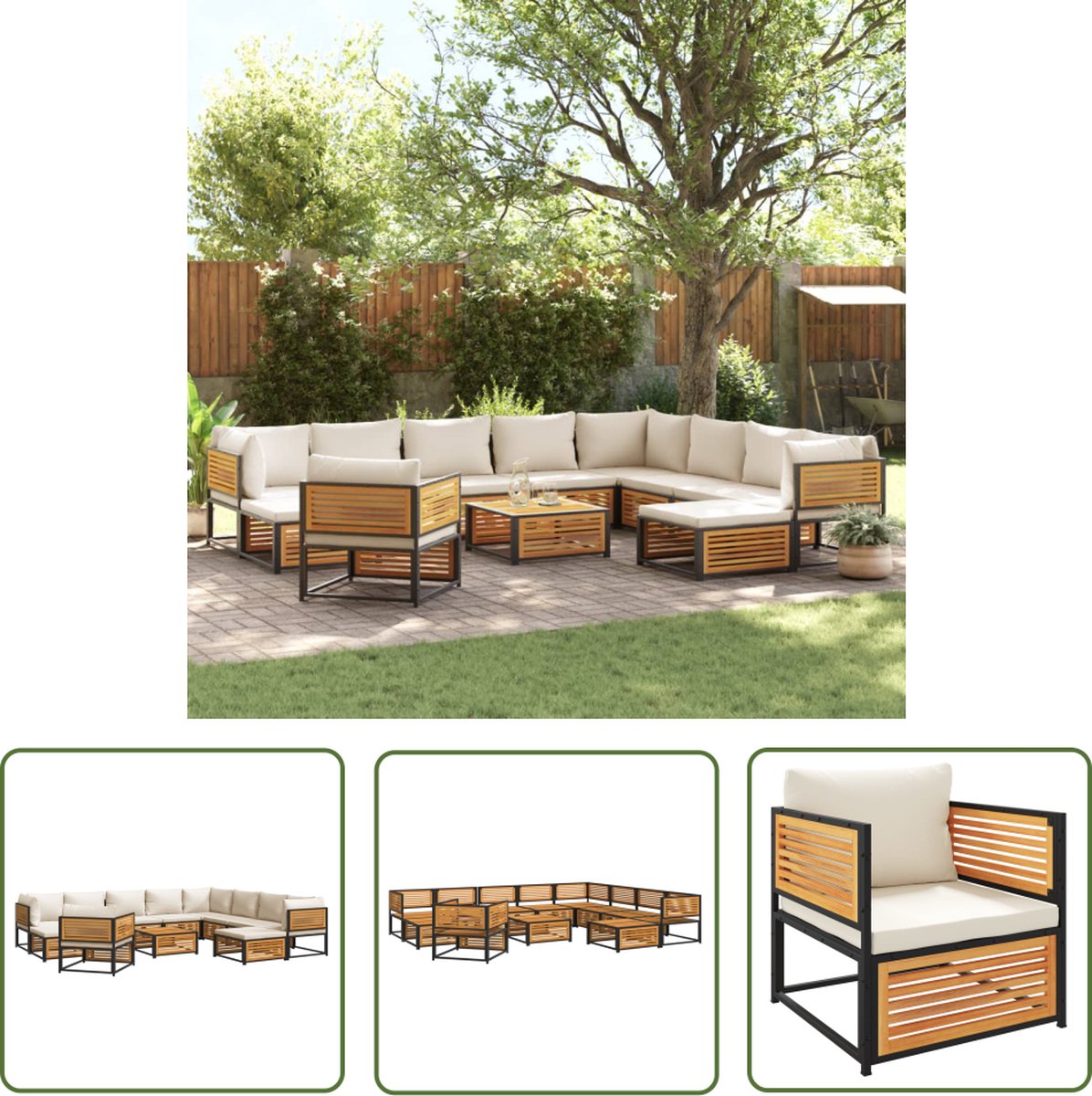 Tuinbankstel van massief acaciahout met kussens in Loungeset - Acacia Hout.