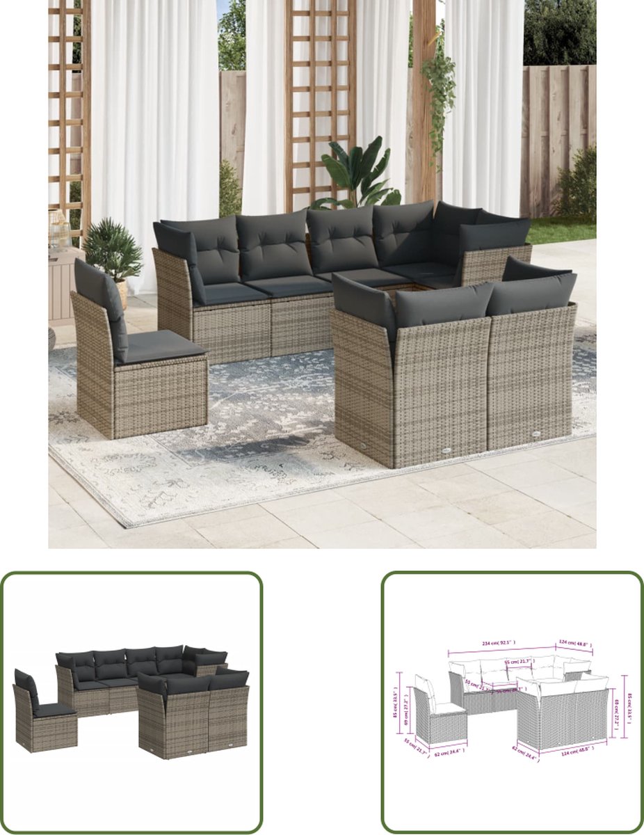 The Living Store 8-delige Loungeset met kussens poly rattan grijs - Loungeset - Tuinset - Buitendecoratie - Lounge - Garden Furniture