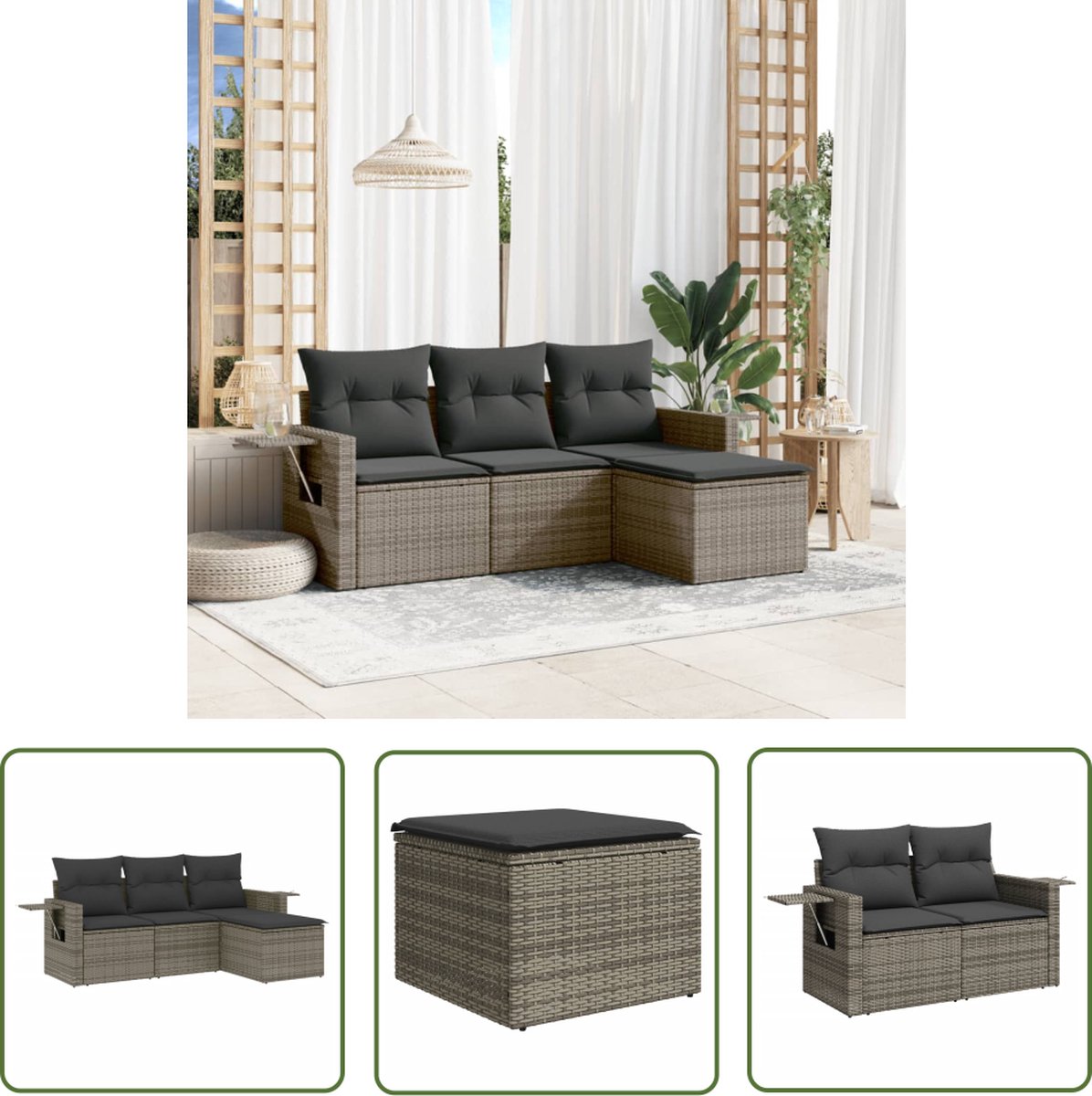 The Living Store 4-delige Loungeset met kussens poly rattan grijs - Loungeset - Tuinset - Buitendecoratie - Loungehoek - Relaxstoel