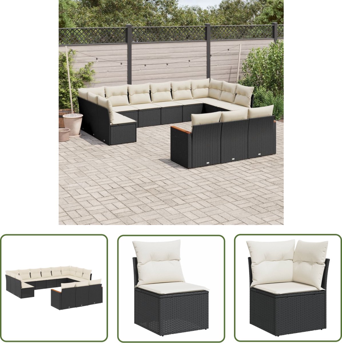 The Living Store 13-delige Loungeset met kussens poly rattan zwart - Loungebank - Tuinset - Loungehoek - Buitendecoratie - Tuinmeubels