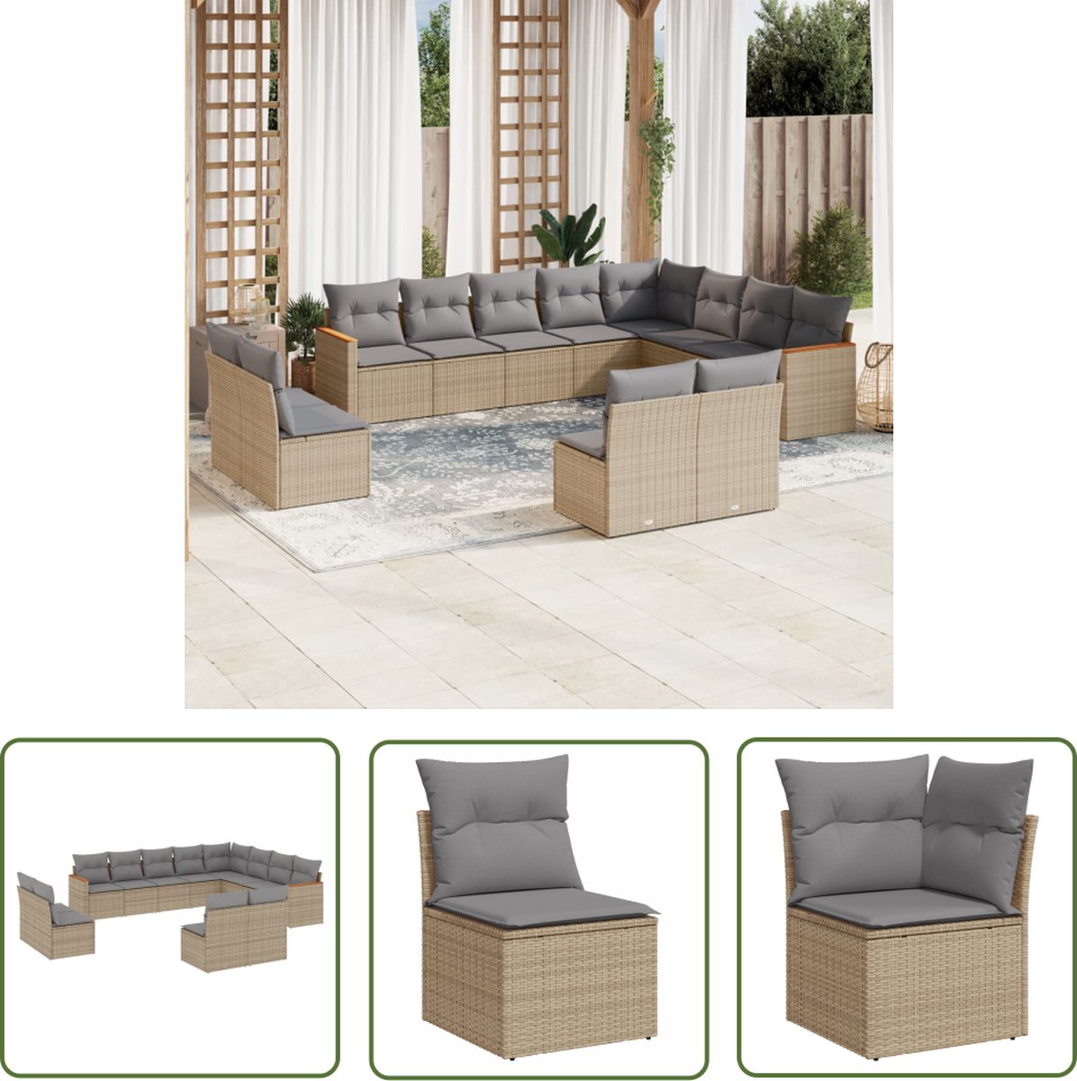 The Living Store 12-delige Loungeset met kussens poly rattan gemengd beige - Loungeset - Tuinset - Lounge Set - Tuinbank - Buitendecoratie