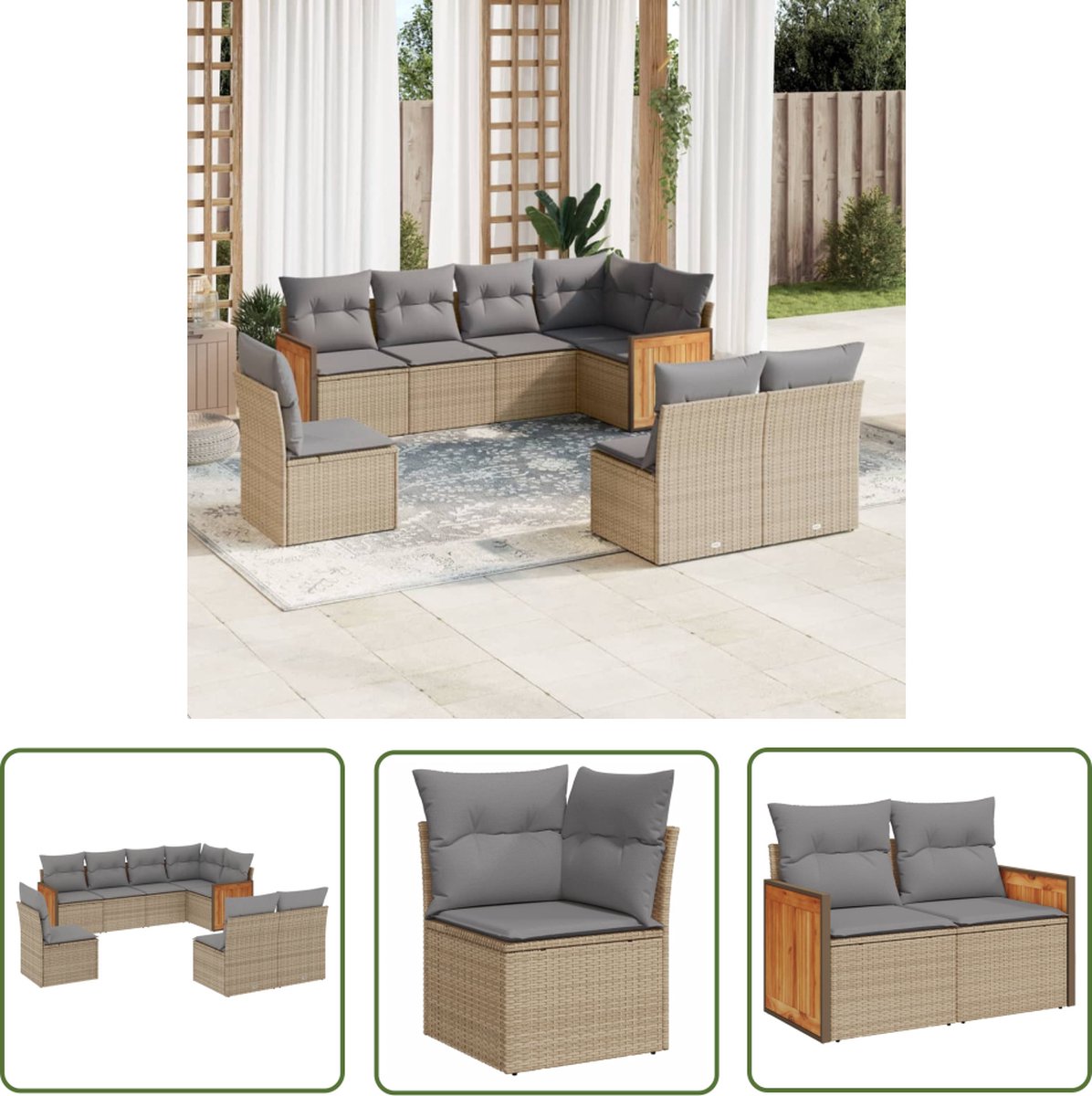 The Living Store 8-delige Loungeset met kussens poly rattan beige - Loungeset - Tuinset - Lounge - Buitendecoratie - Outdoor Furniture