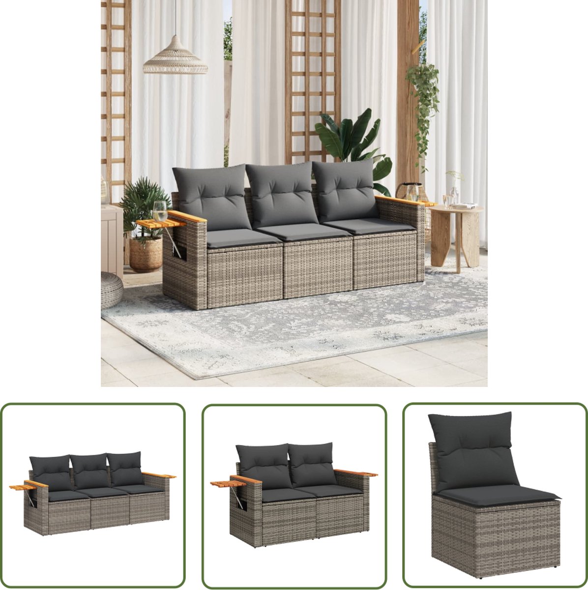 The Living Store 3-delige Loungeset met kussens poly rattan grijs - Loungeset - Tuinset - Lounge - Buitendecoratie - Garden Furniture