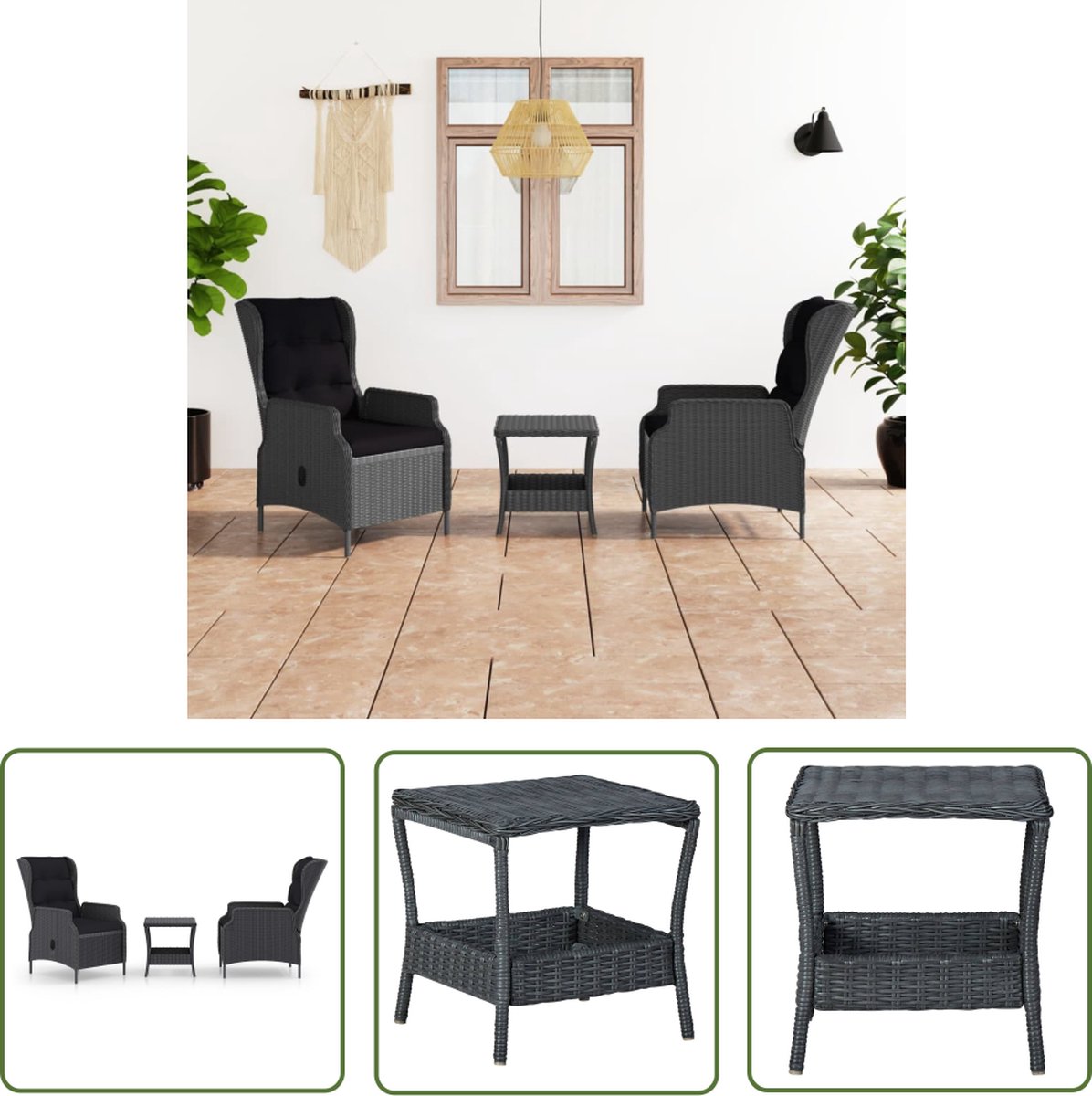 The Living Store 3-delige Loungeset met kussens poly rattan donkergrijs - Tuinset - Lounge Set - Poly Rattan - Buitendecoratie - Loungestoel