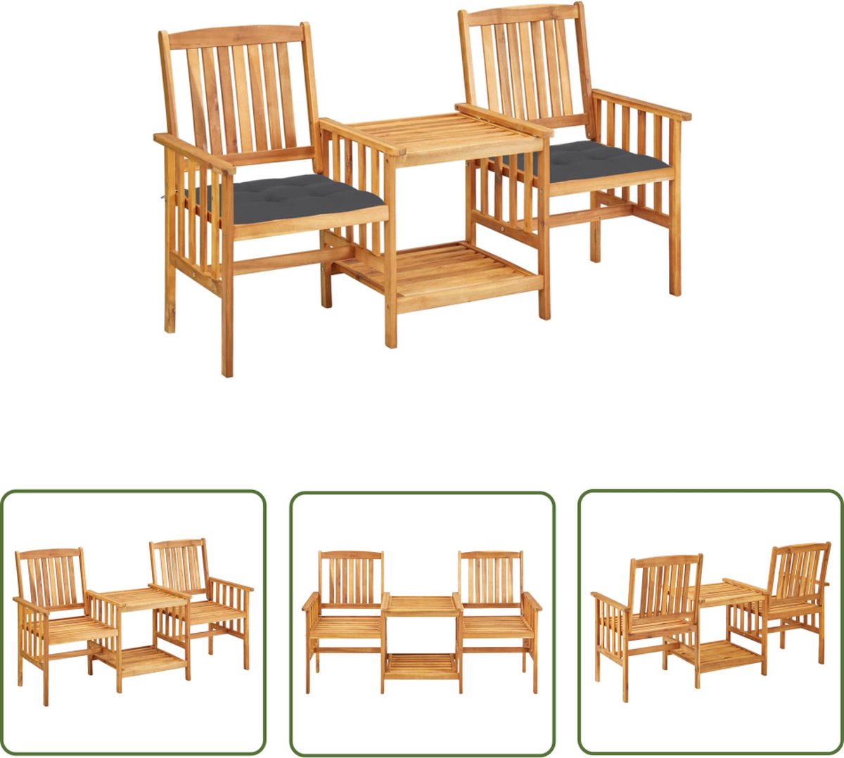 Tuinset van massief acaciahout met bijpassende kussens en tafel - The Living Store.