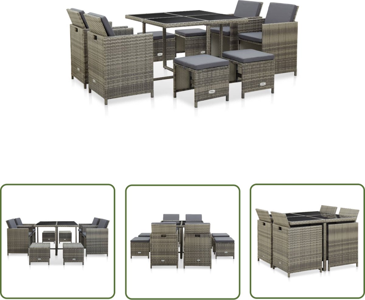The Living Store 9-delige Tuinset met kussens poly rattan grijs - Tuinstoel - Eetkamerset - Buitentafel - Lounge Set - Ratan Meubilair