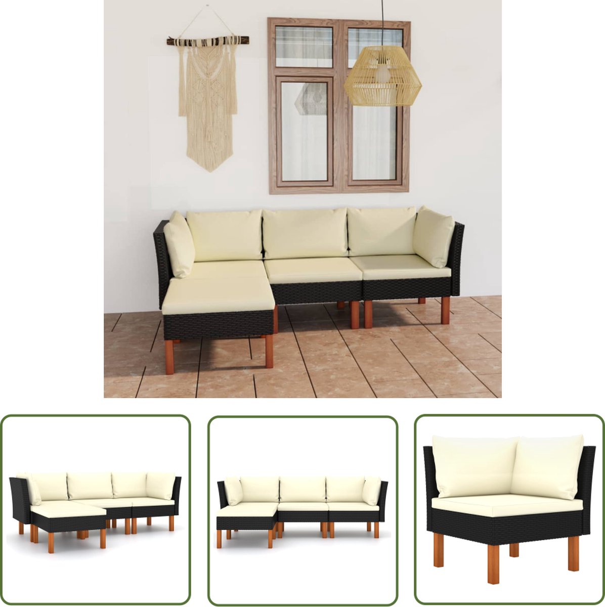 Zwarte poly rattan loungeset met kussens - loungestoel, lounge set, tuinstoel.