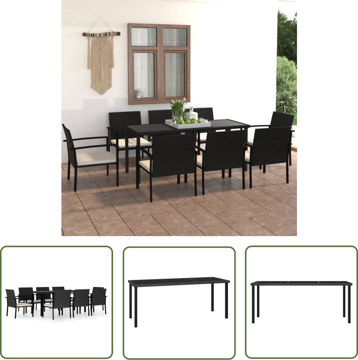 The Living Store 9-delige Tuinset poly rattan zwart - Tuinstoel - Tuintafel - Buitenshuis Meubilair - Lounge Set - Eetkamerset
