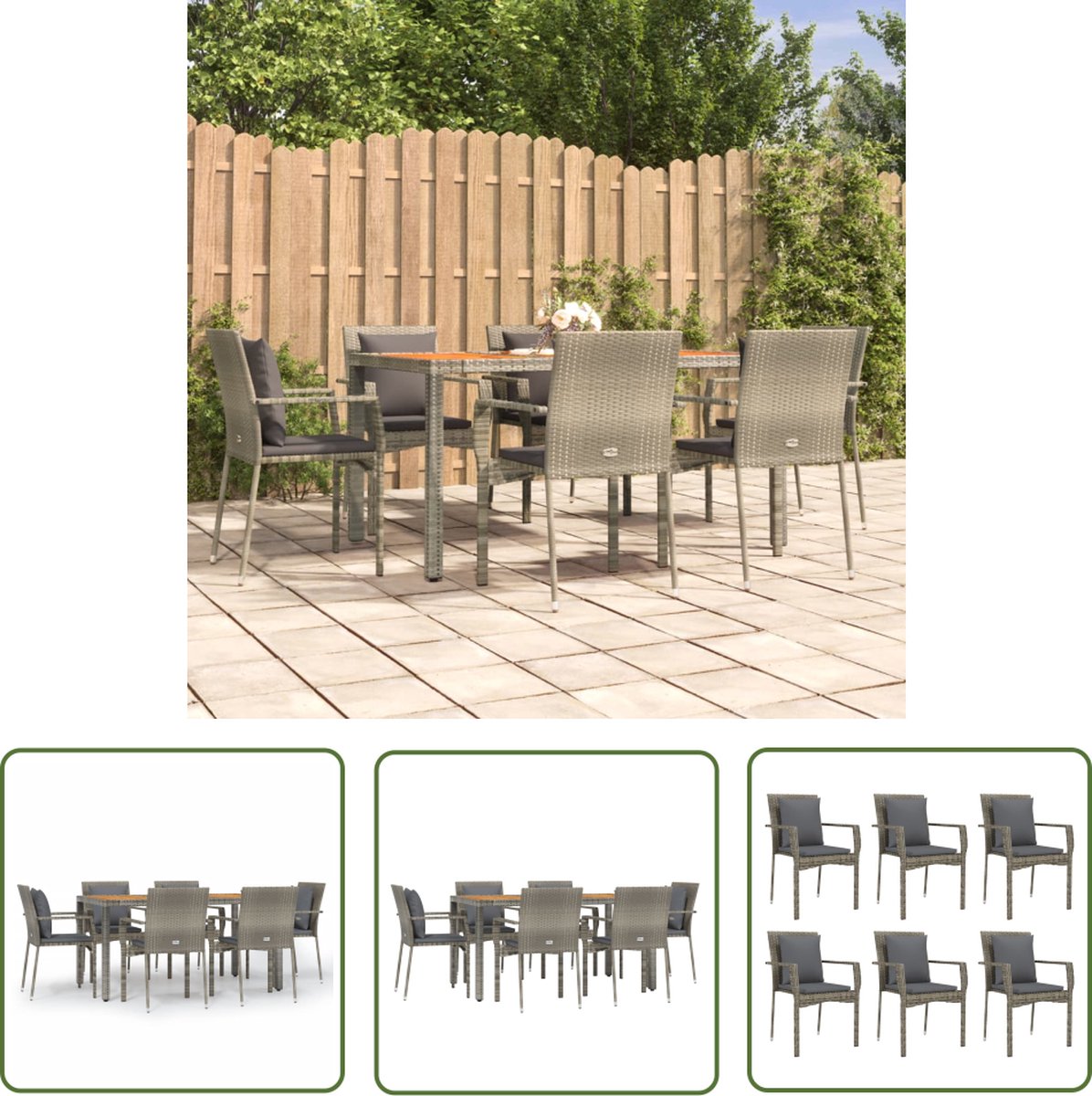 The Living Store 7-delige Tuinset met kussens poly rattan grijs - Tuinset - Tuintafel - Tuinstoelen - Lounge Set - Outdoor Furniture
