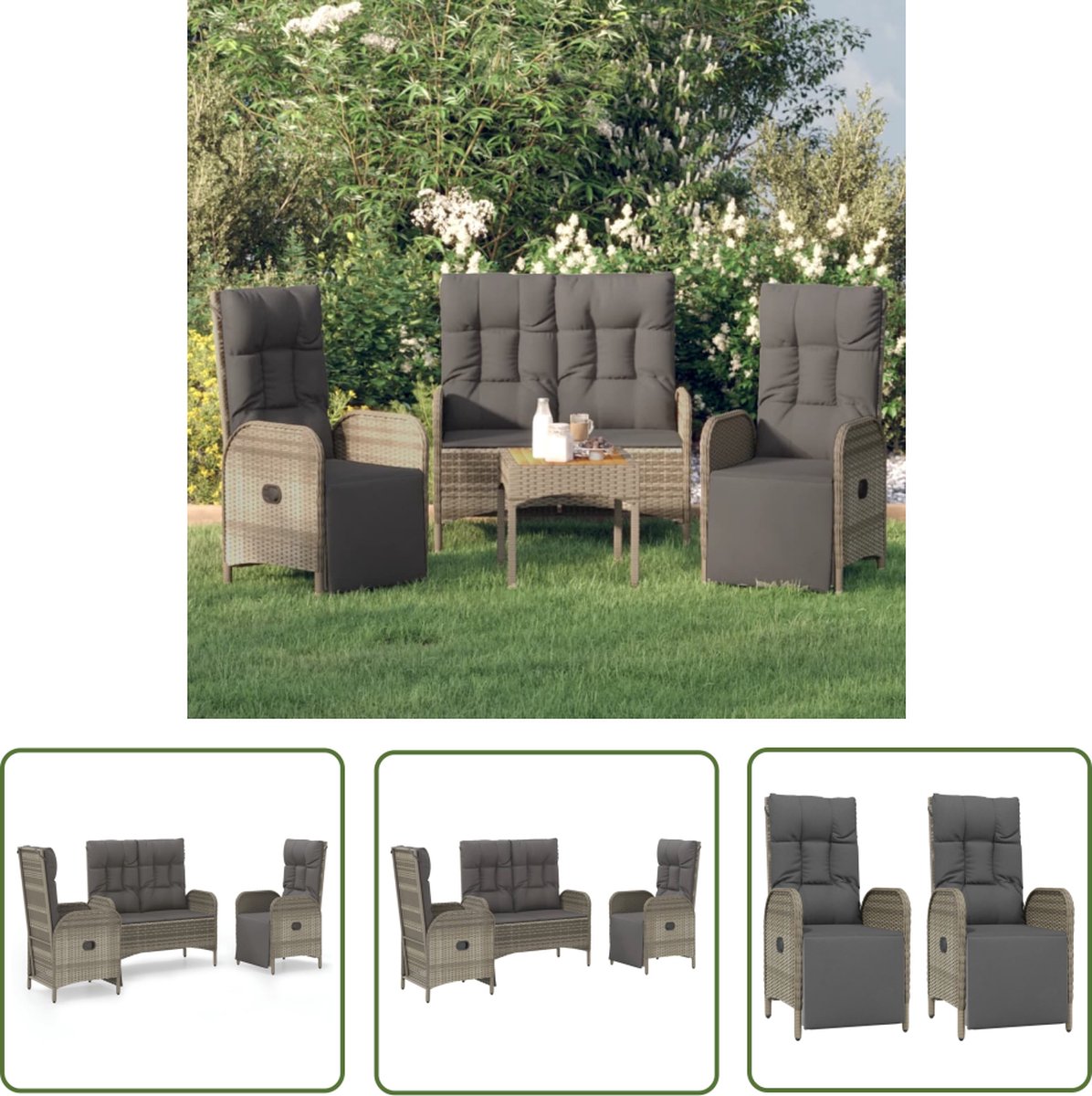 The Living Store 3-delige Tuinset met kussens poly rattan grijs - Tuinstoel - Lounge Stoel - Buitenset - Garden Furniture - Patio Set Tuinset met grijze poly rattan stoelen en kussens - Buitenset.