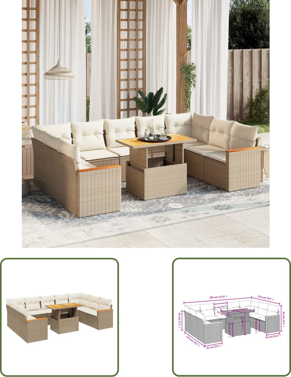 Tuin loungeset met beige kussens en poly rattan materiaal - The Living Store.