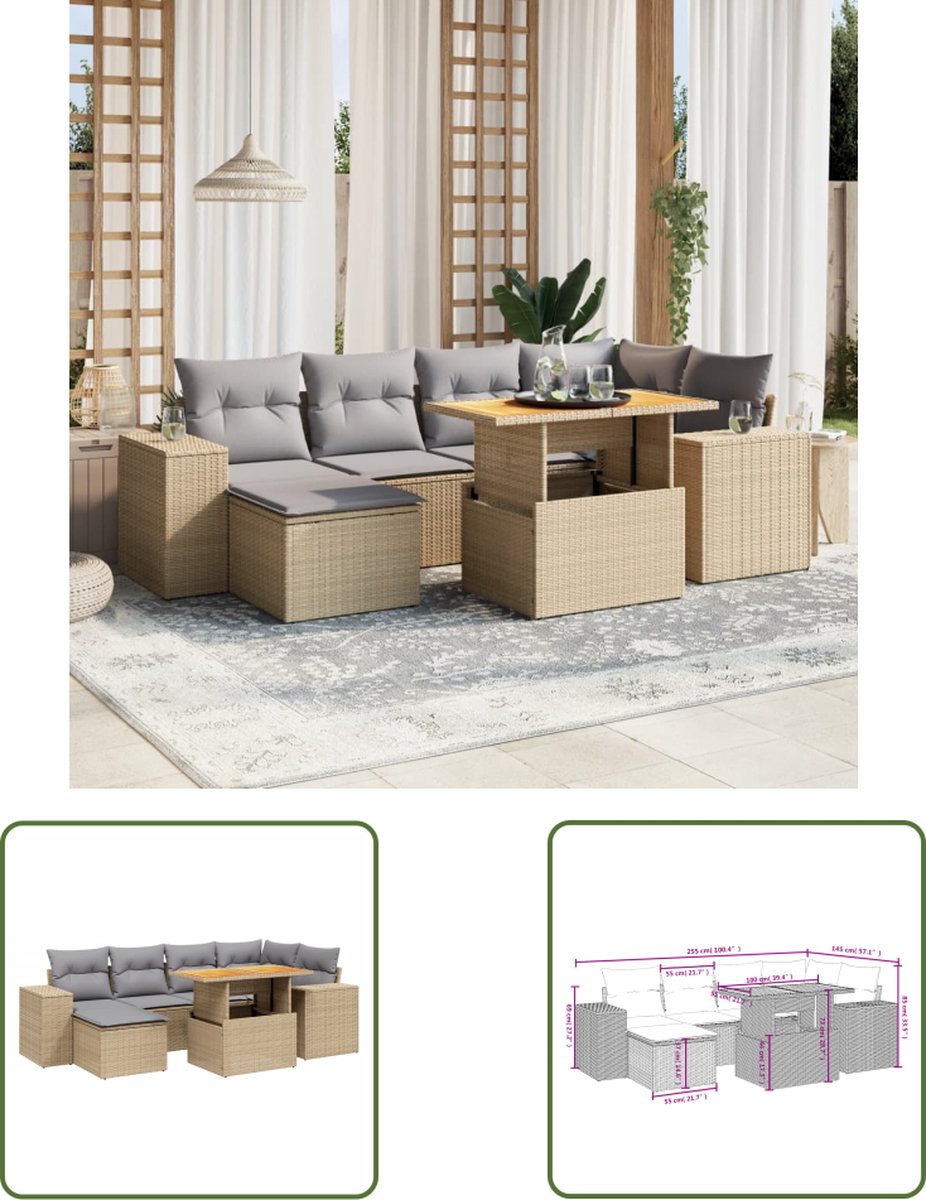 The Living Store Loungeset poly rattan beige met kussens - Tuinmeubels