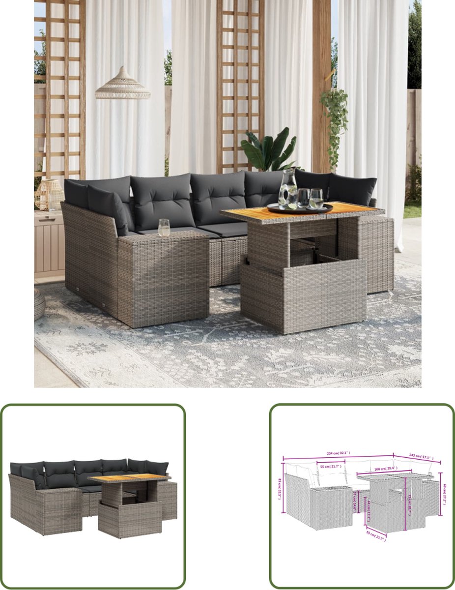 The Living Store 7-delige Loungeset met kussens poly rattan grijs - Loungebank - Tuinset - Lounge Set - Buitendecoratie - Tuinmeubels