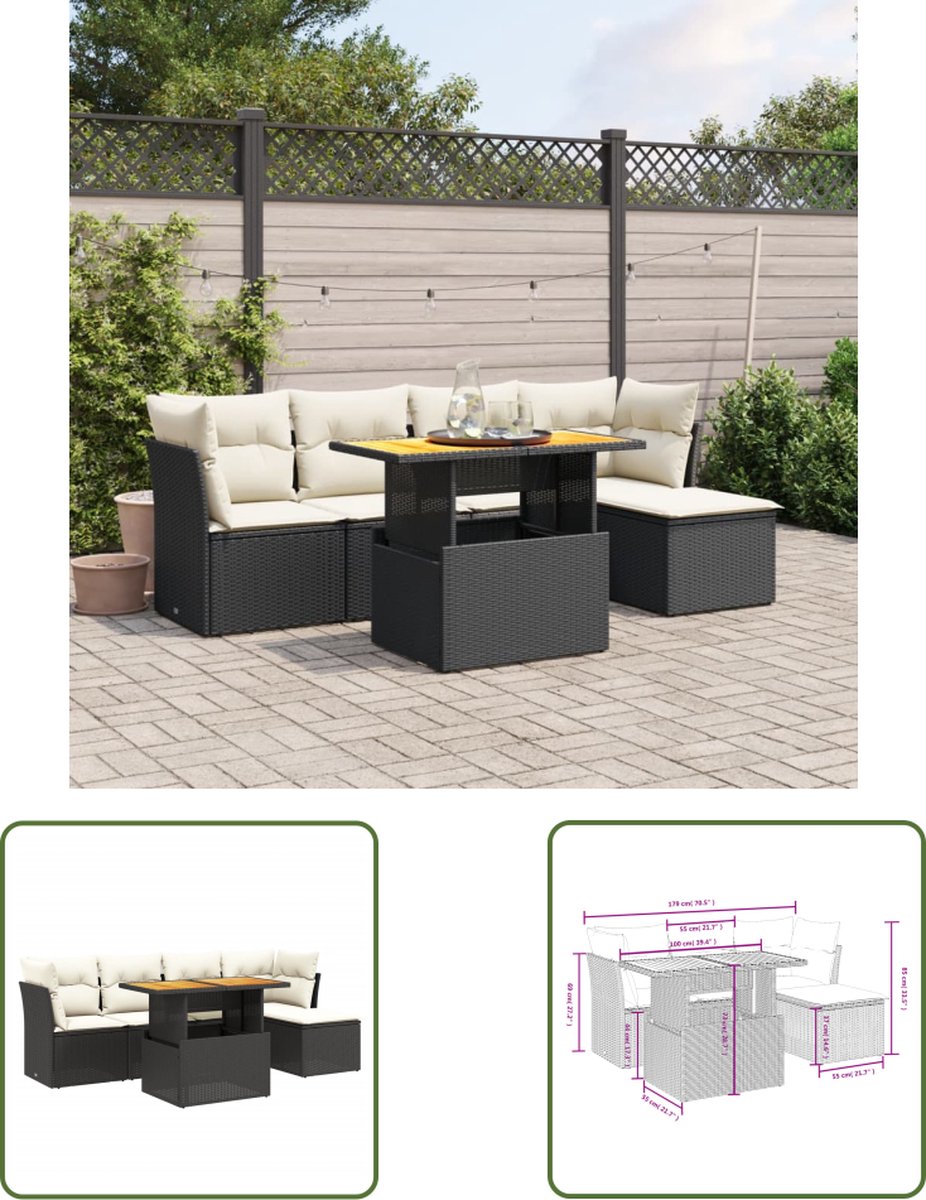 Zwarte poly rattan loungeset met kussens voor tuinmeubels - The Living Store