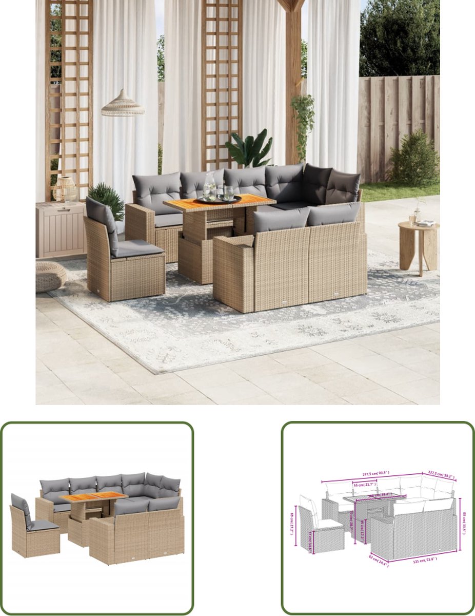 The Living Store 9-delige Loungeset met kussens poly rattan beige - Loungebank - Tuinset - Lounge Set - Buitendecoratie - Tuinmeubels