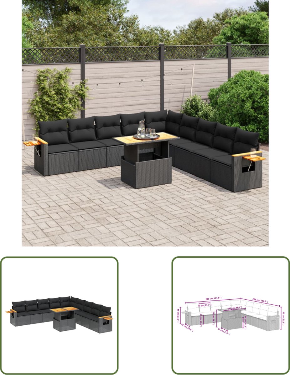 Zwarte poly rattan loungeset met kussens voor buiten - The Living Store.