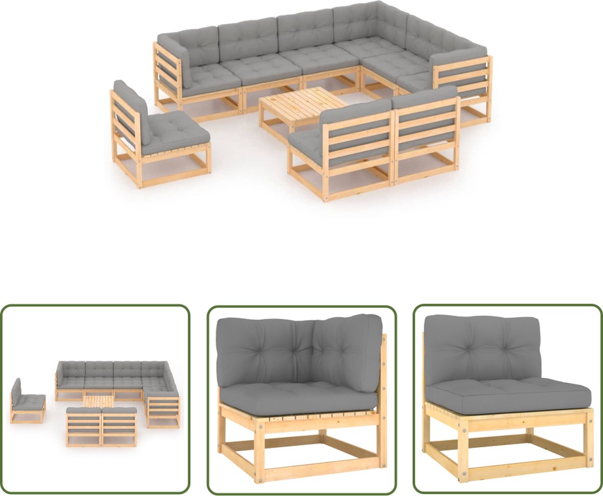 The Living Store 10-delige Loungeset met kussens massief grenenhout - Tuinmeubels - Lounge Set - Houten Bank - Grenshouten Bank - Buitentijd