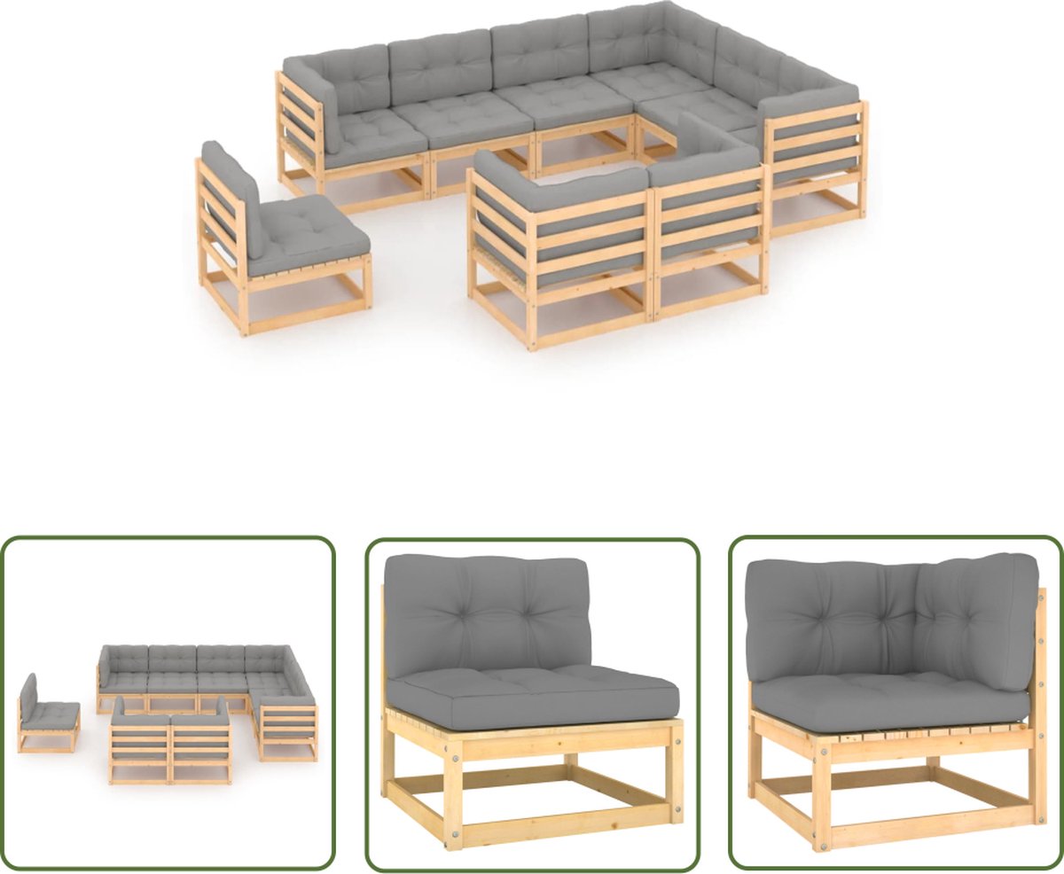 Moderne hoekbank loungeset van massief grenenhout met kussens in tuinsetting.