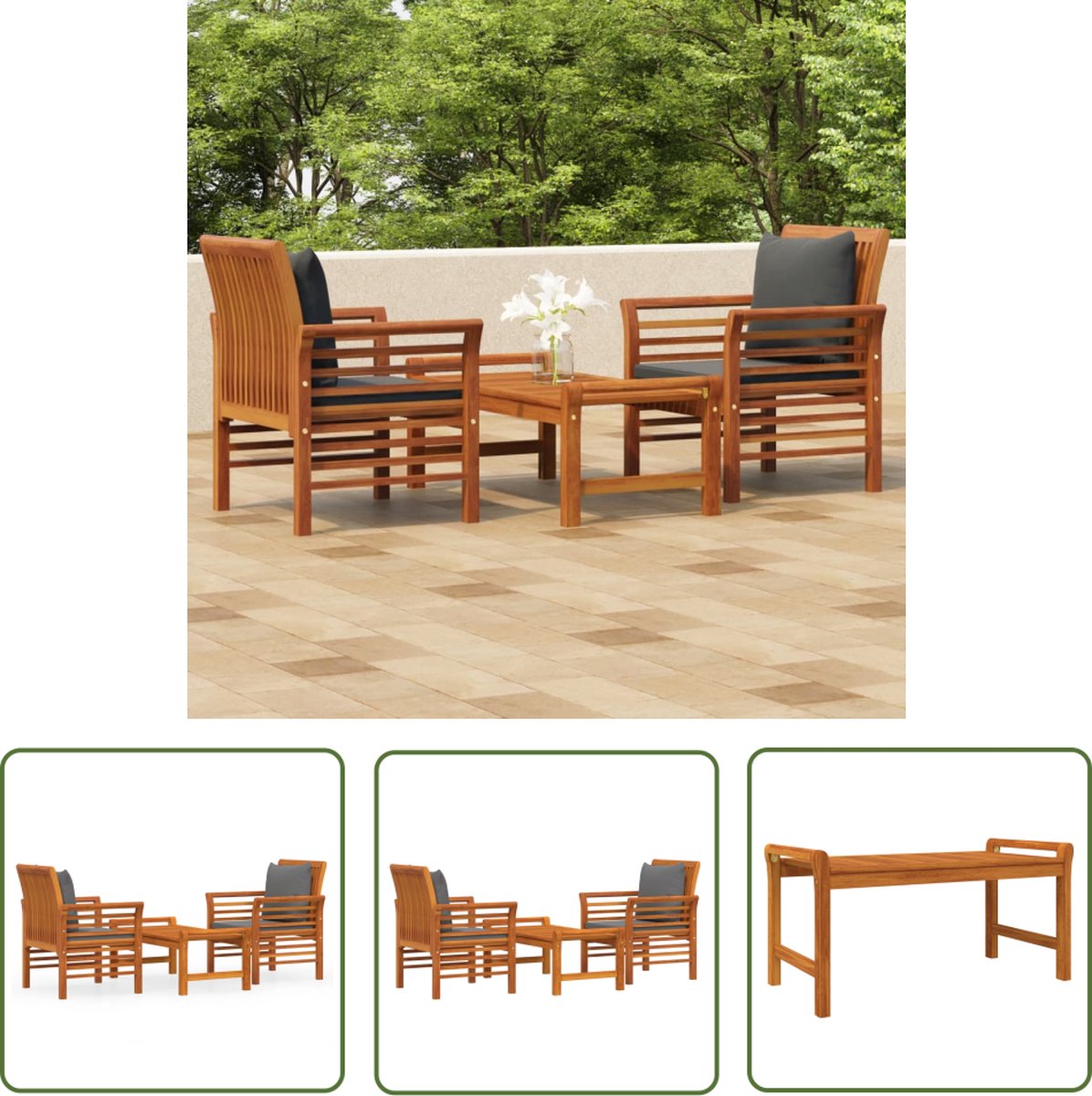 The Living Store 3-delige Loungeset met kussens massief acaciahout - Loungeset - Tuinset - Buitendecoratie - Lounge Stoel - Eetkamerset