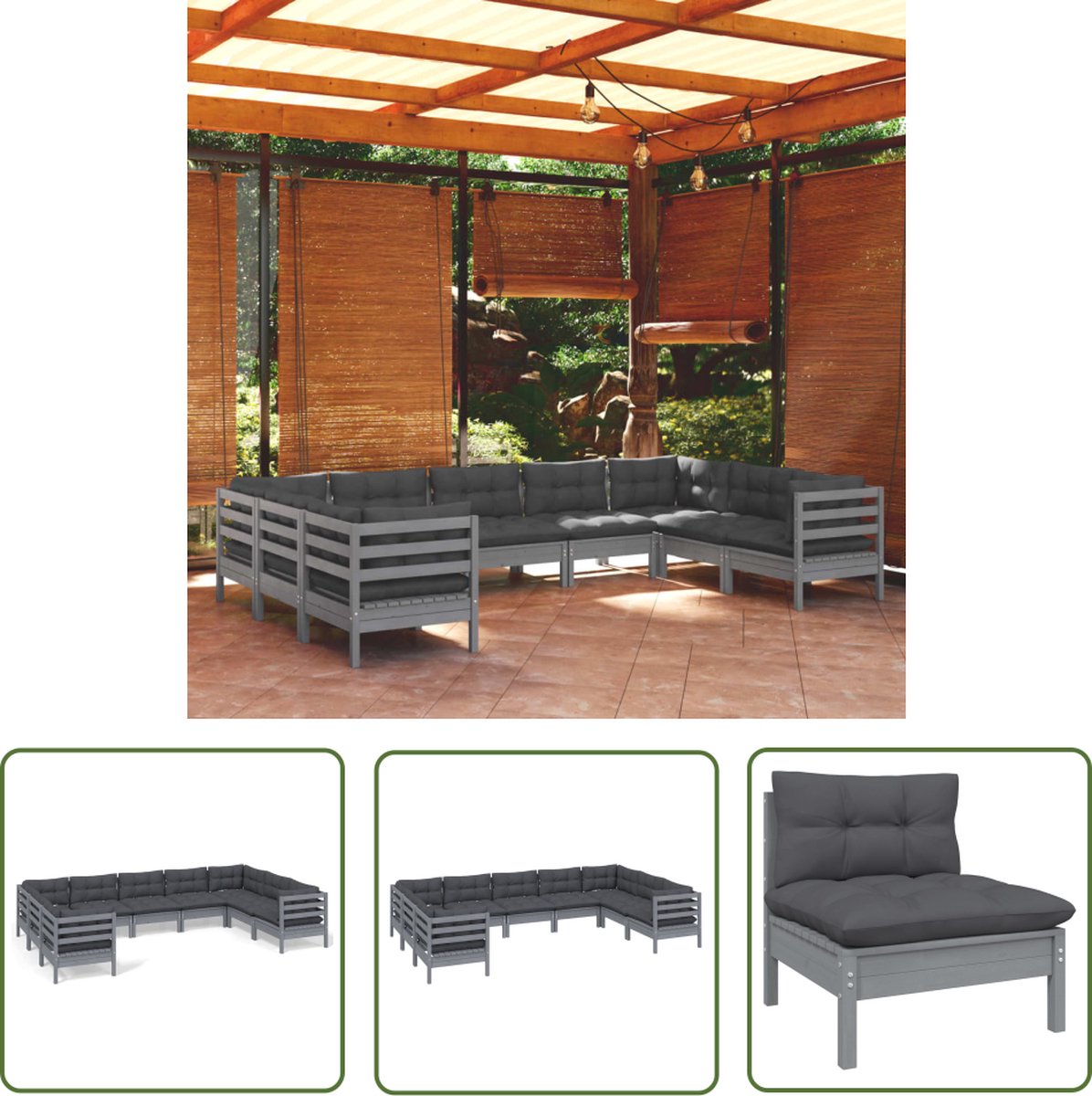 The Living Store 9-delige Loungeset met kussens grenenhout grijs - Loungeset - Tuinset - Lounge Set - Hout Meubel - Grenenhout