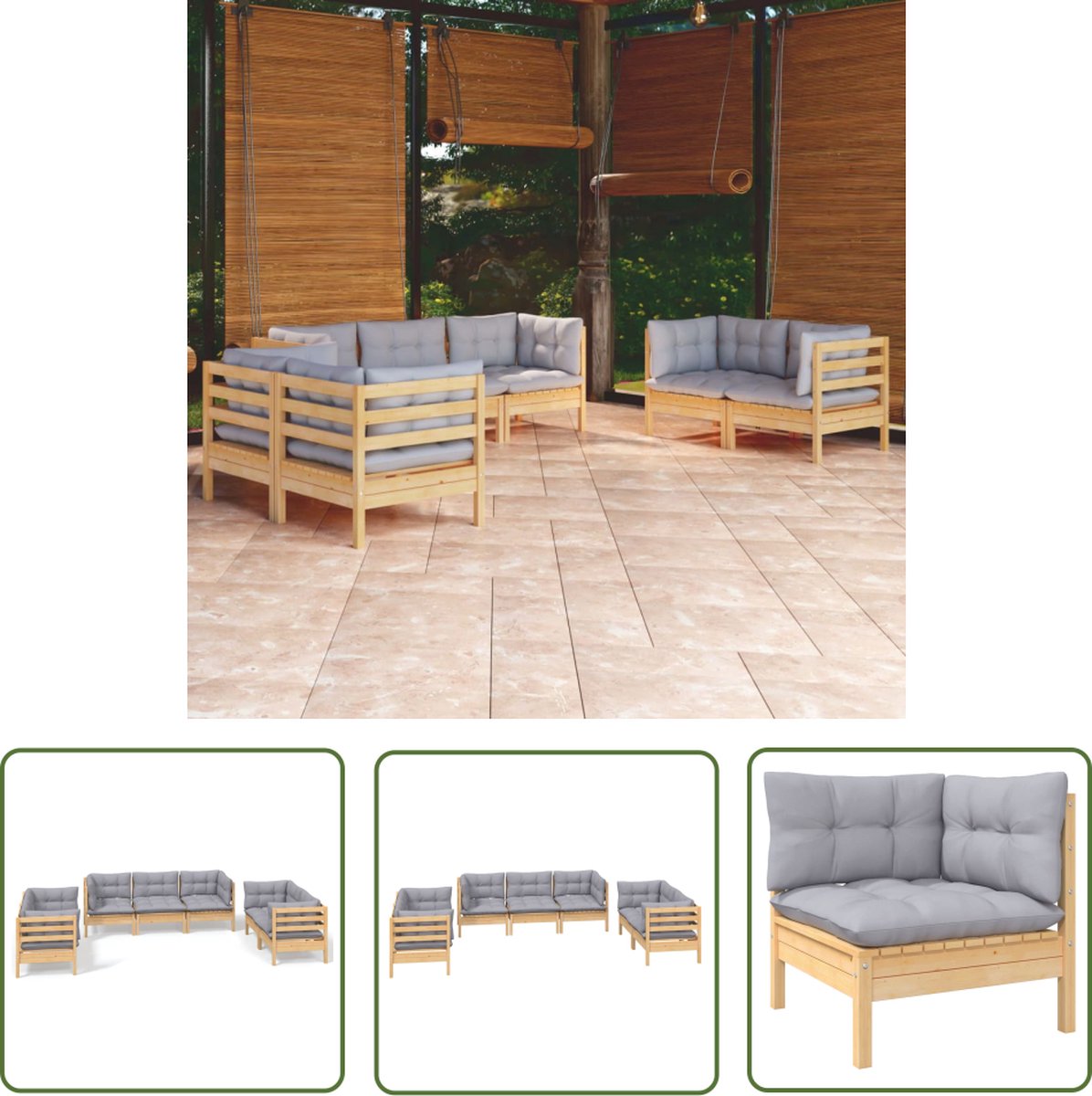 The Living Store 7-delige Loungeset met grijze kussens grenenhout - Loungeset - Tuinset - Houten Lounge - Buis Meubel - Relaxstoel