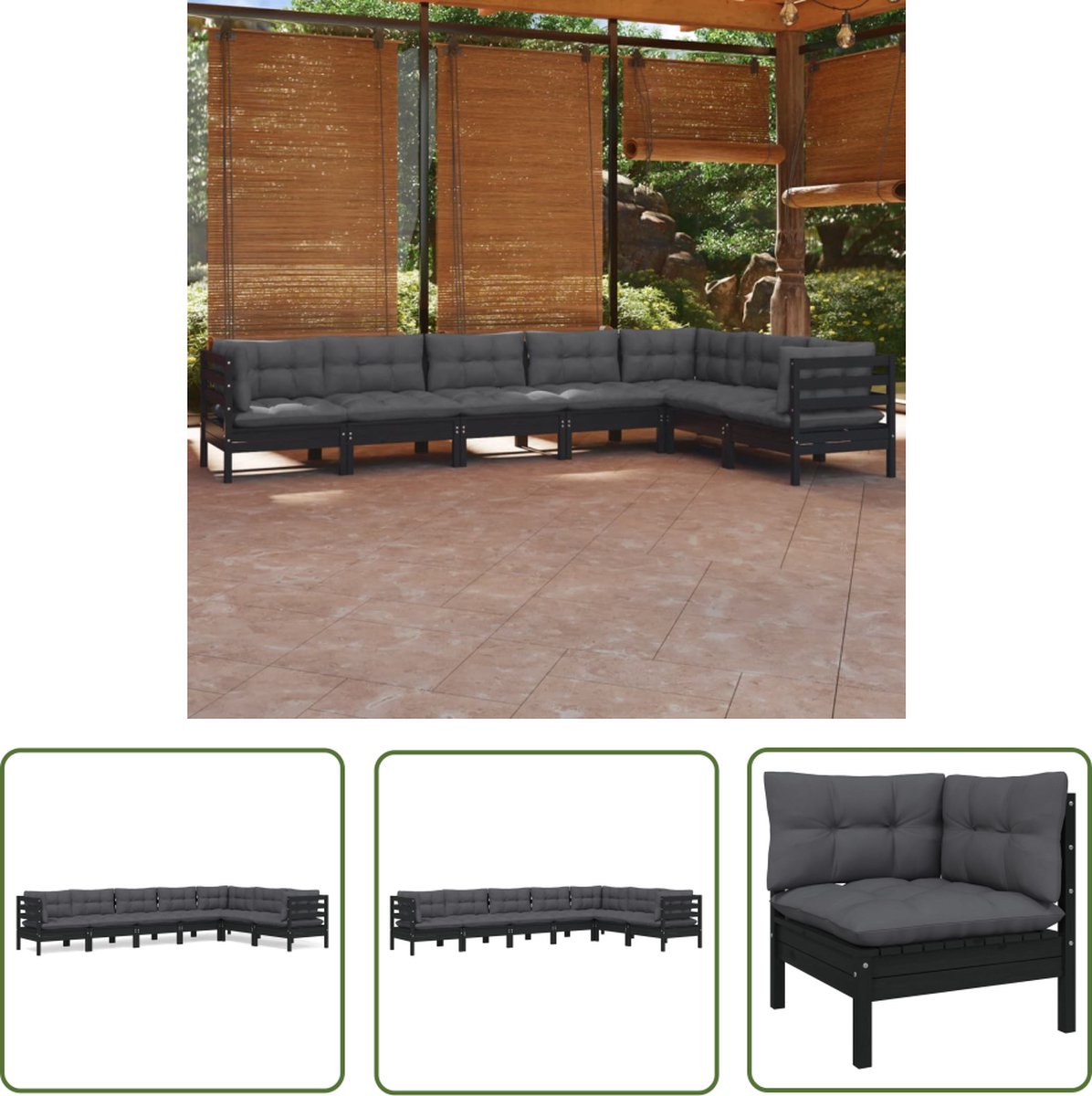 The Living Store 7-delige Loungeset met kussens massief grenenhout zwart - Loungeset - Tuinlounge - Houten Lounge - Loungebank - Buitendiner