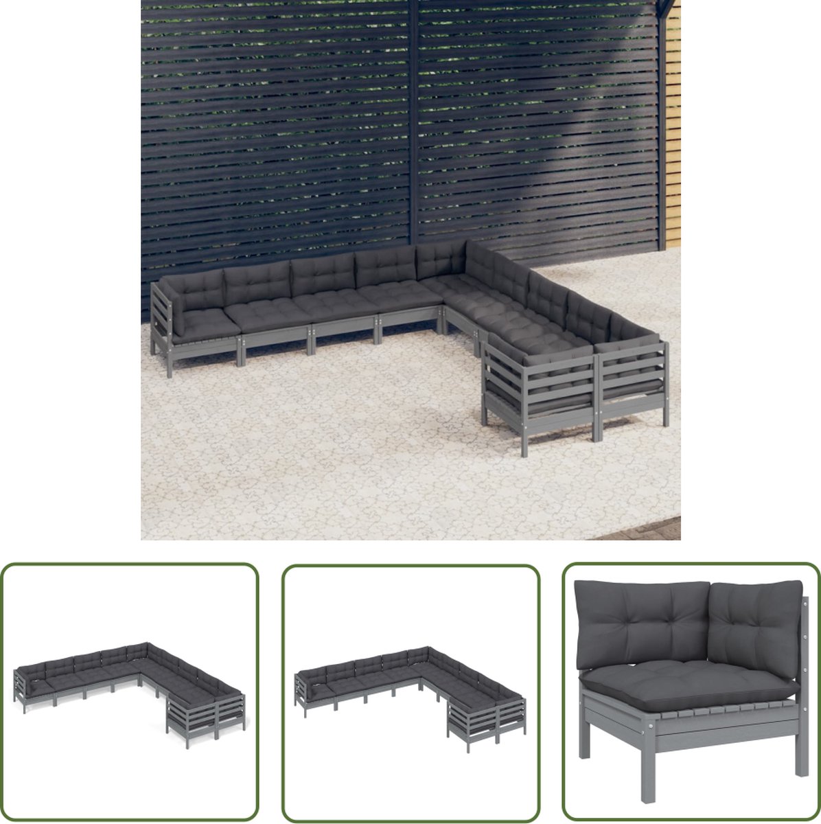 The Living Store 10-delige Loungeset met kussens grenenhout grijs - Loungeset - Tuinset - Tuinmeubels - Hout Meubel - Grenenhout