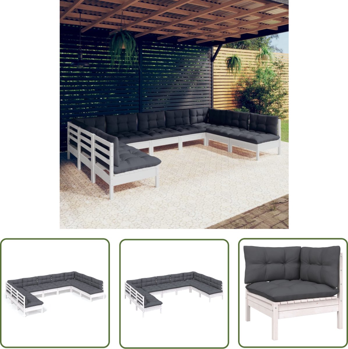 The Living Store 9-delige Loungeset met kussens massief grenenhout wit - Loungeset - Tuinmeubel - Lounge Set - Houten Loungestoel - Buis Meubel