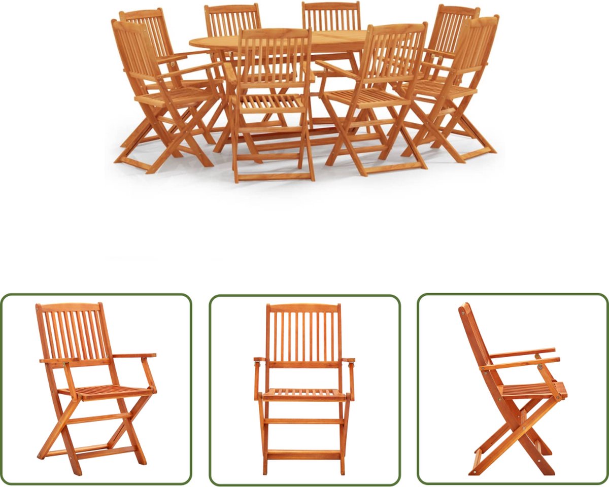 Massief eucalyptushout tuinset met inklapbare stoelen en eetkamertafel.