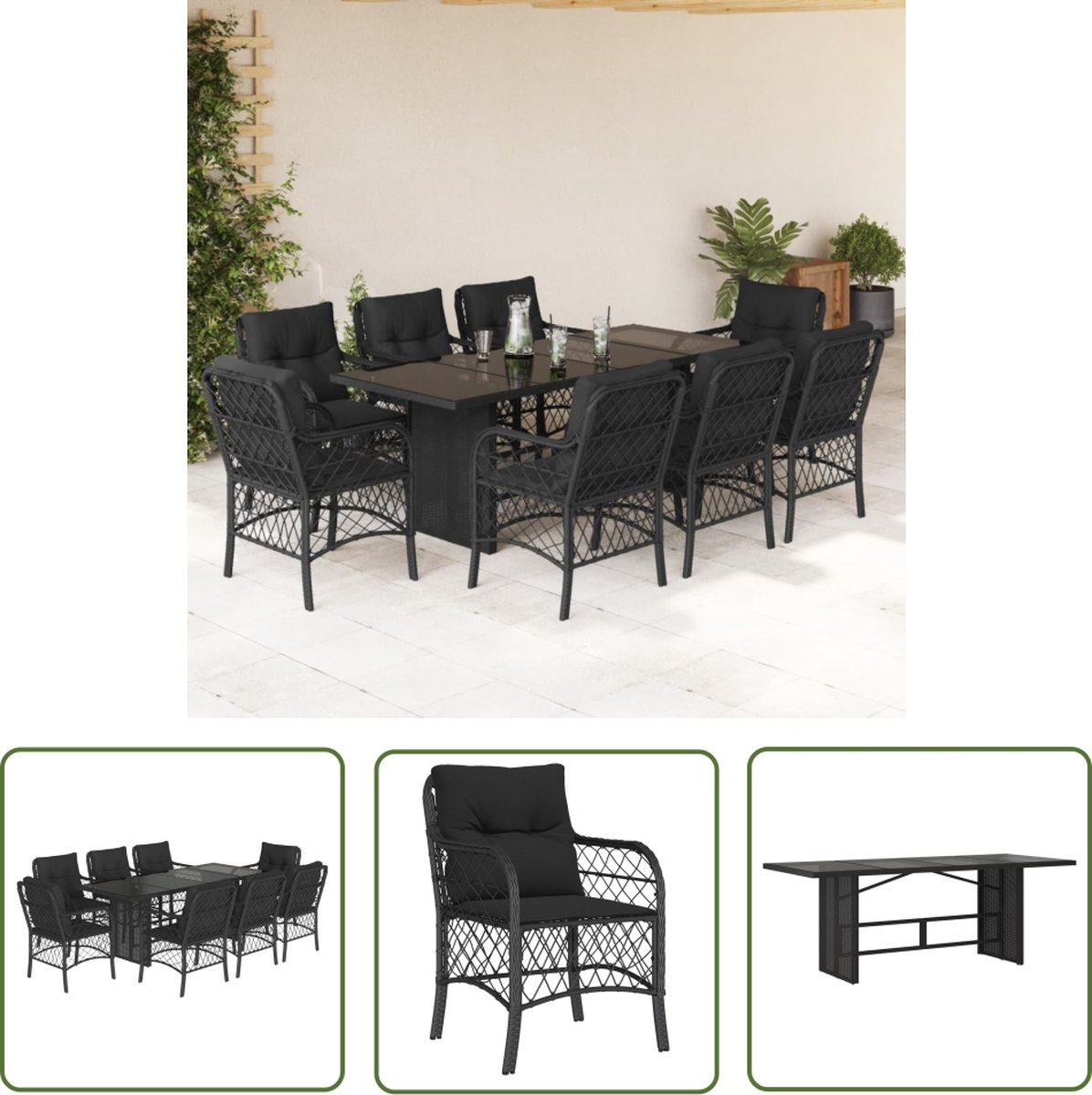 The Living Store 9-delige Tuinset poly rattan zwart - Tuinset - Lounge Set - Outdoor Furniture - Eetkamerset - Bistro Set