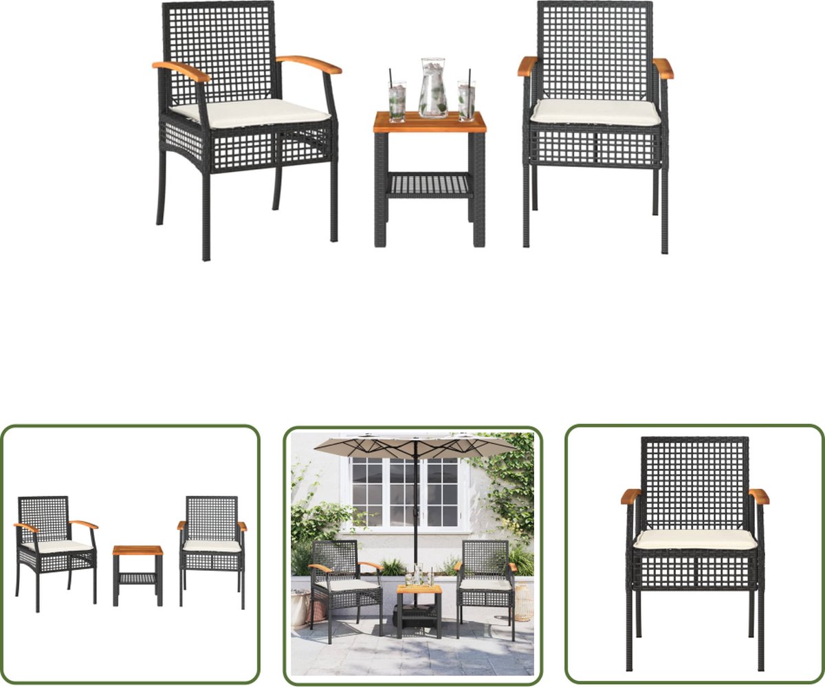 The Living Store 3-delige Bistroset met kussens poly rattan en acaciahout zwart - Tuinmeubles - Bistroset - Buitentafels - Lounge Set - Eetkamerset