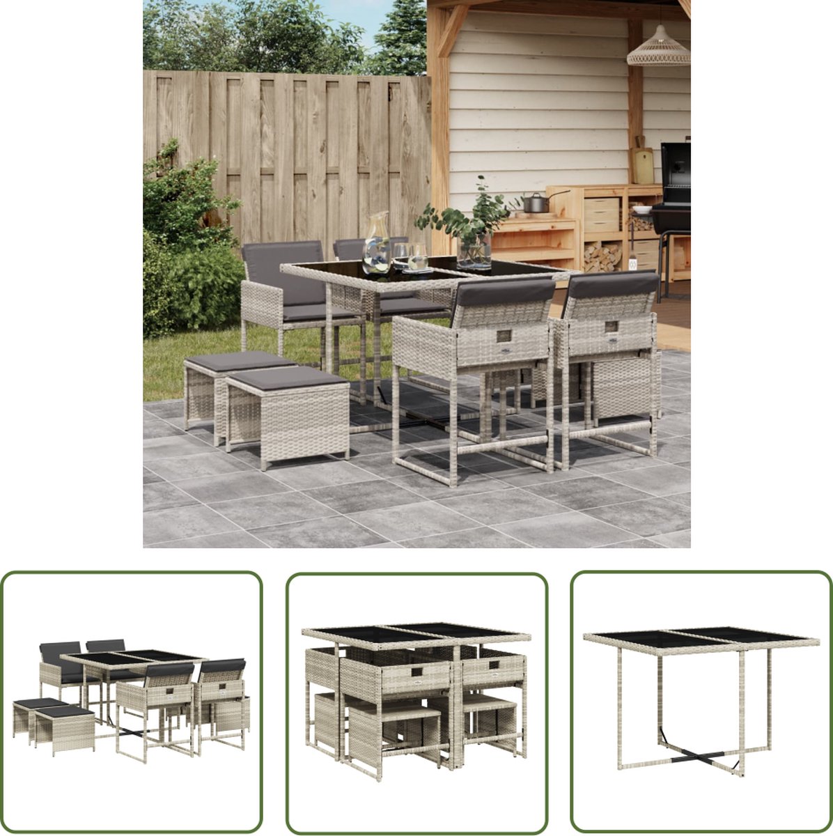 Poly rattan tuinset in lichtgrijs met kussens - The Living Store.