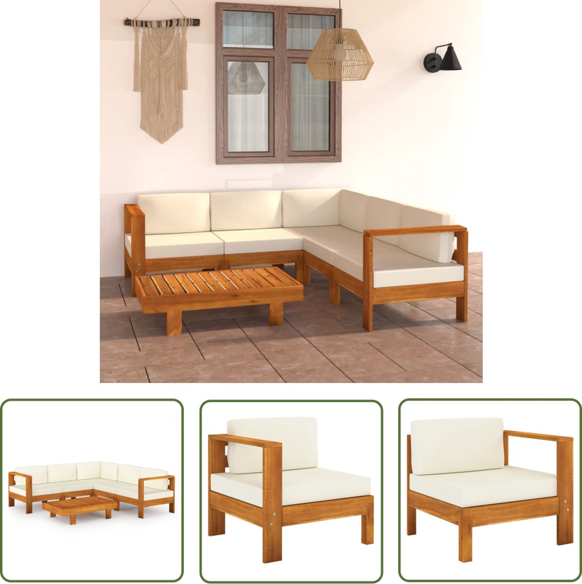 The Living Store Loungeset met crèmewitte kussens van acaciahout.