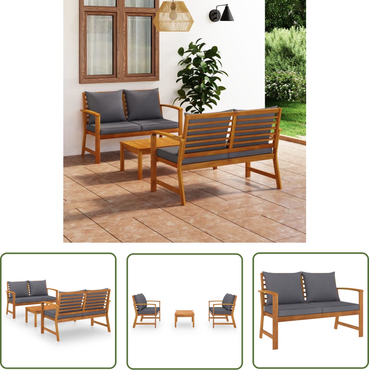 Massief acaciahouten loungeset met kussens - tuinmeubilair - The Living Store.