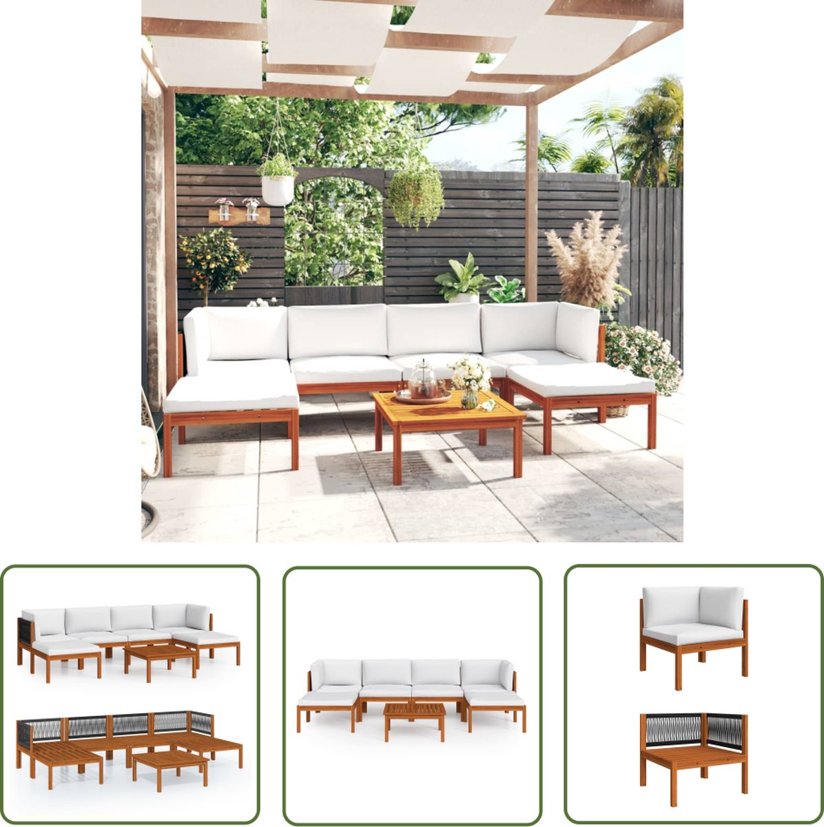 The Living Store 7-delige Loungeset met kussens massief acaciahout crèmekleurig - Loungeset - Tuinset - Loungebank - Tuinmeubels - Acacia Hout