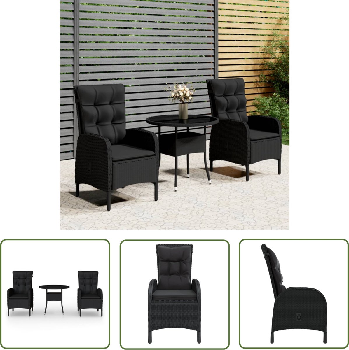 The Living Store 3-delige Tuinset poly rattan zwart - Bistroset - Tuinmeubel - Buitentafel - Lounge Set - Outdoor Furniture