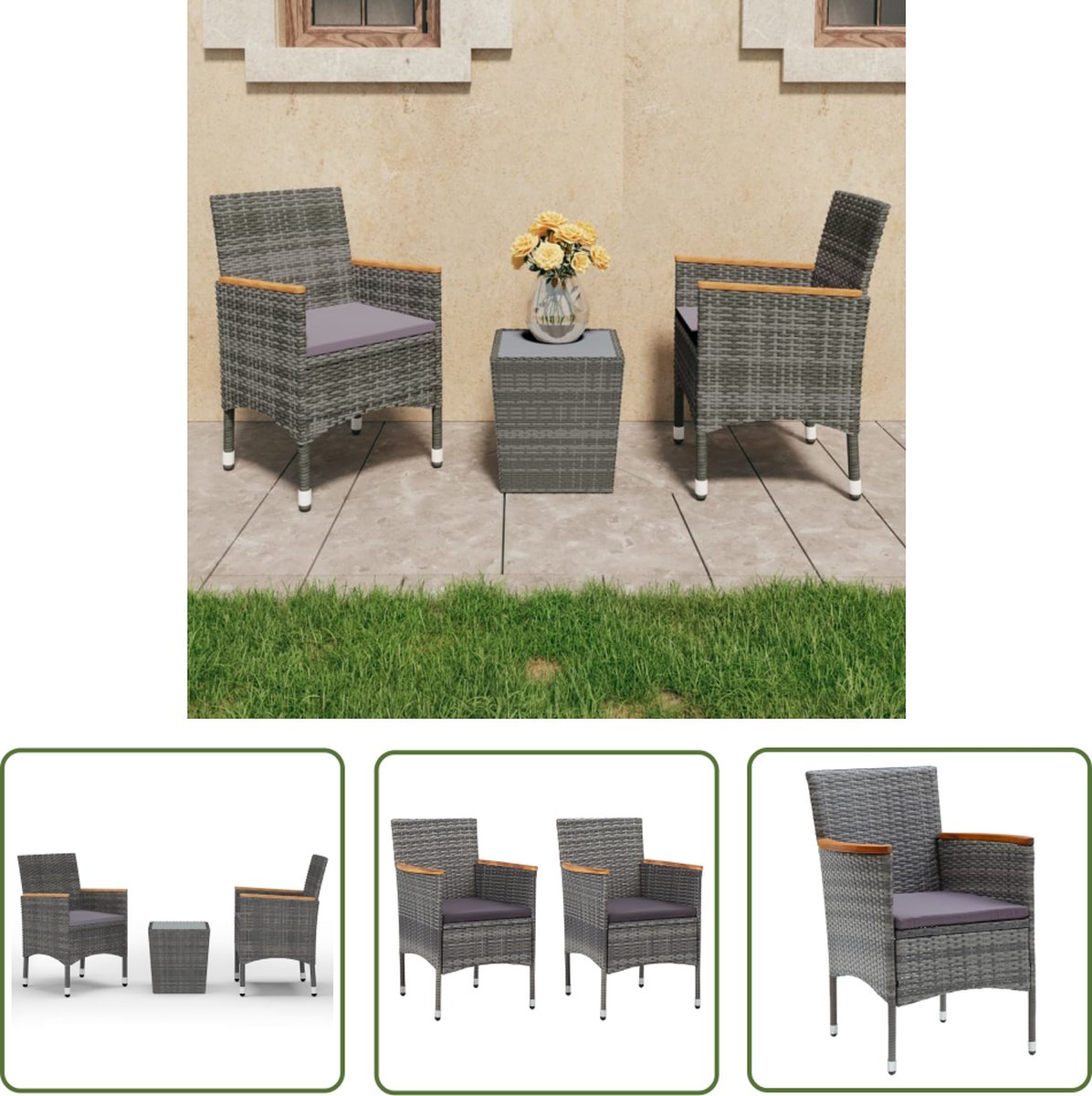 The Living Store 3-delige Bistroset poly rattan en gehard glas grijs - Bistroset - Tuinset - Buitenshuis Eten - Terras Meubilair - Balkon Meubel