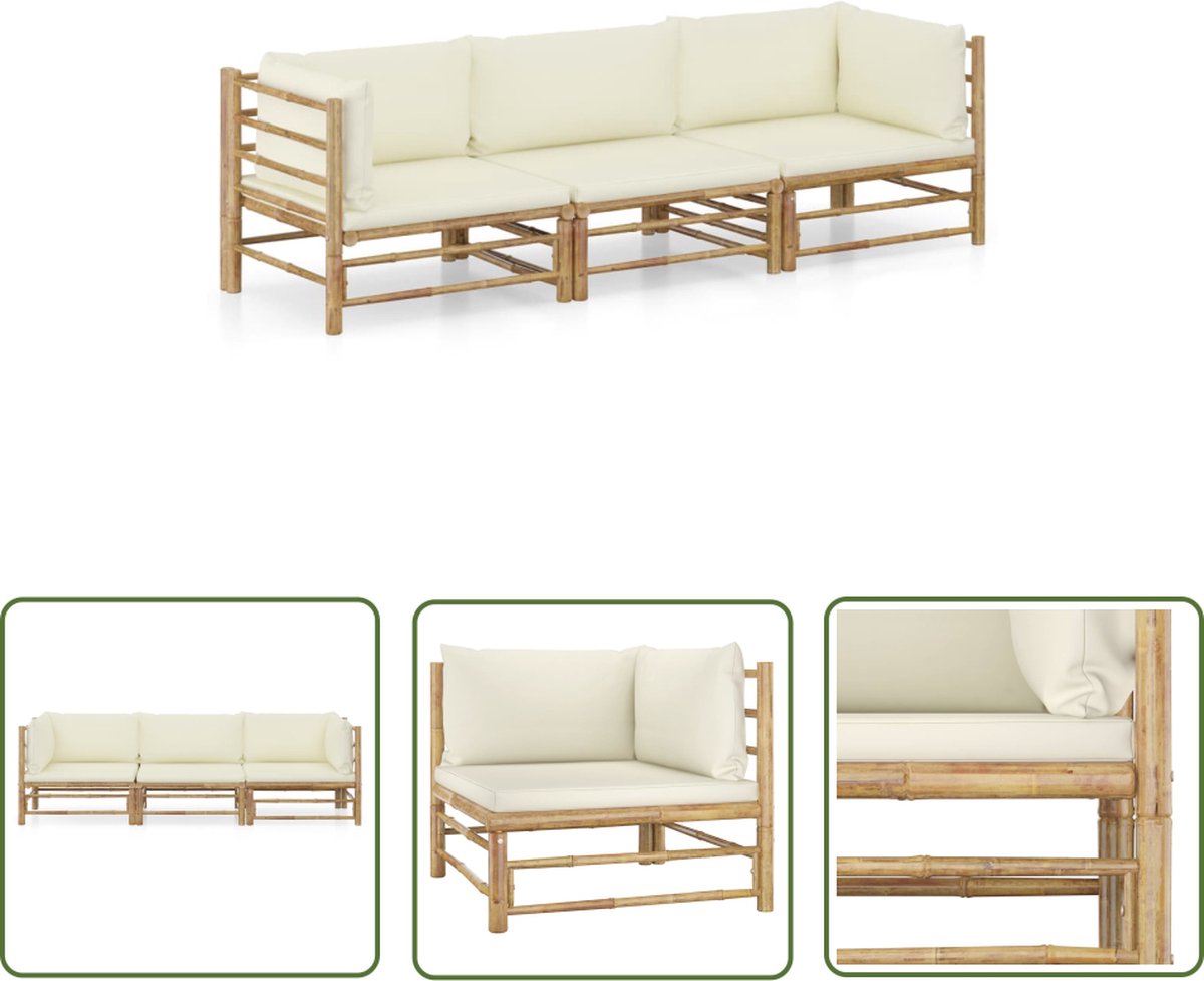 The Living Store 3-delige Loungeset met crèmewitte kussens bamboe - Bamboelus - Loungebank - Tuinstoel - Buitentijd - Outdoor Living